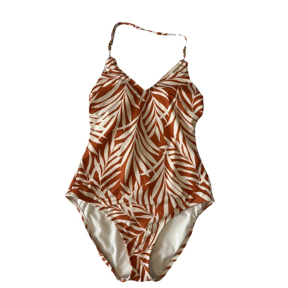 Shade & Shore Tropical Orange Leaf Halter One Piece‎ Swimsuit M Resortwear Beach